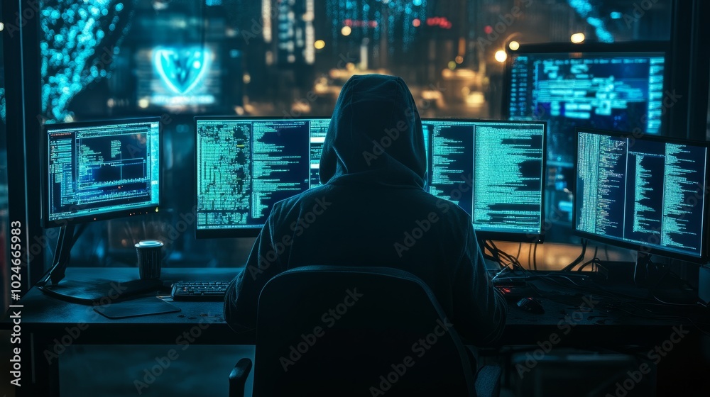 Hacker in a hoodie working in a dark room, multiple monitors displaying breached firewalls and security systems. Hacker in a hoodie working in a dark room, multiple monitors displaying breached firewalls and security systems.