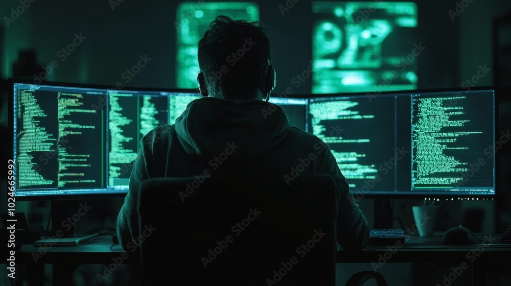 Hacker working in a darkened room, computer screens displaying code and security breaches, illuminated by dim green light.