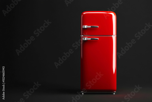 Bright red vintage retro refrigerator on a black background