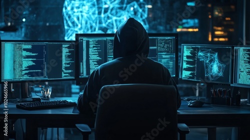 Hacker in a hoodie working in a dark room, multiple monitors displaying breached firewalls and security systems.