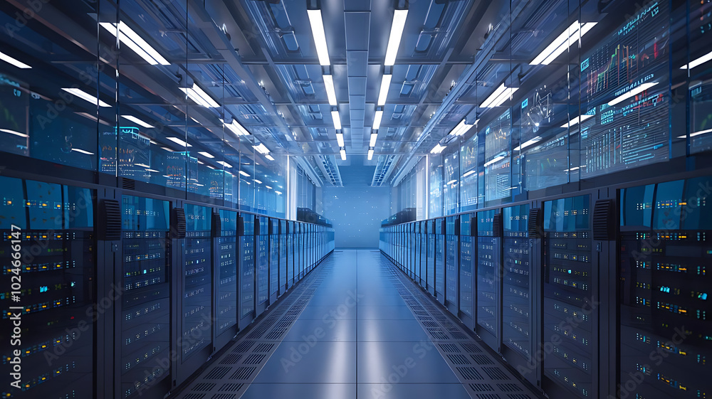 a high-tech data warehouse, featuring rows of modern servers with blinking lights in a vast, secure facility. Big data, data center, Server room a high-tech data warehouse, featuring rows of modern servers with blinking lights in a vast, secure facility. Big data, data center, Server room