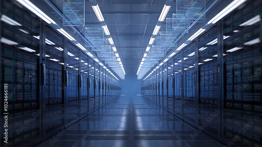 a high-tech data warehouse, featuring rows of modern servers with blinking lights in a vast, secure facility. Big data, data center, Server room a high-tech data warehouse, featuring rows of modern servers with blinking lights in a vast, secure facility. Big data, data center, Server room