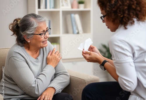 A therapist comforting a grieving client offering tissues and a