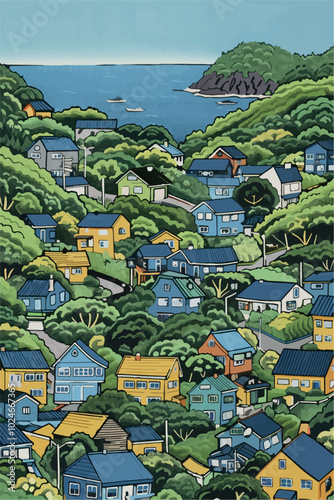 Colorful village landscape with ocean view, featuring charming houses surrounded by greenery and trees. A vibrant and whimsical illustration inspired by nature and coastal living