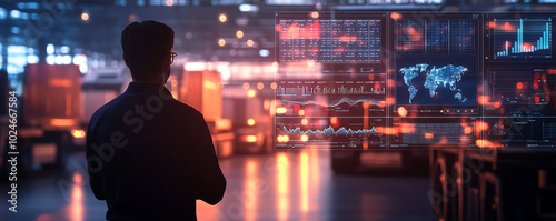 Silhouette of a logistics manager in a bustling transportation hub, coordinating trucks and cargo shipments using advanced tracking technology on digital screens