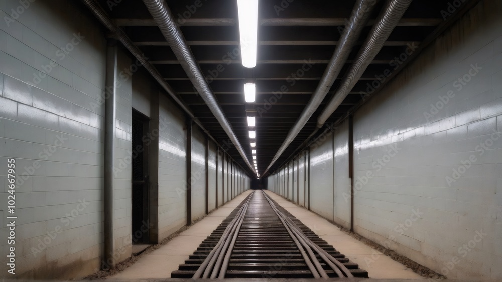 Dark Underground Railway Tunnel with Reflective Walls: A narrow underground train tunnel, featuring reflective concrete walls and dark metal tracks, with overhead lighting casting shadows and adding t Dark Underground Railway Tunnel with Reflective Walls: A narrow underground train tunnel, featuring reflective concrete walls and dark metal tracks, with overhead lighting casting shadows and adding t