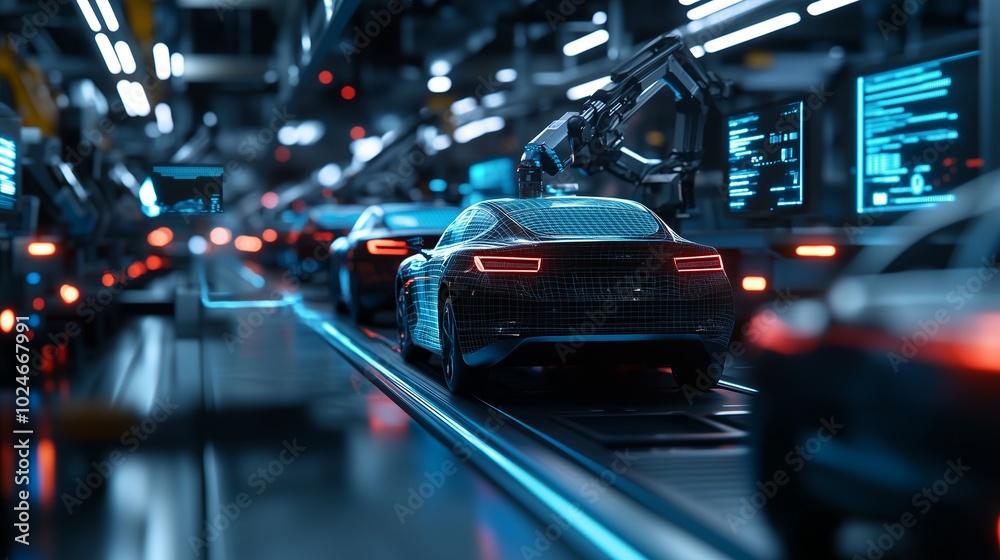 Robotic arms delicately placing electric vehicle components on a production line, surrounded by glowing holographic monitors in a futuristic, advanced factory environment.