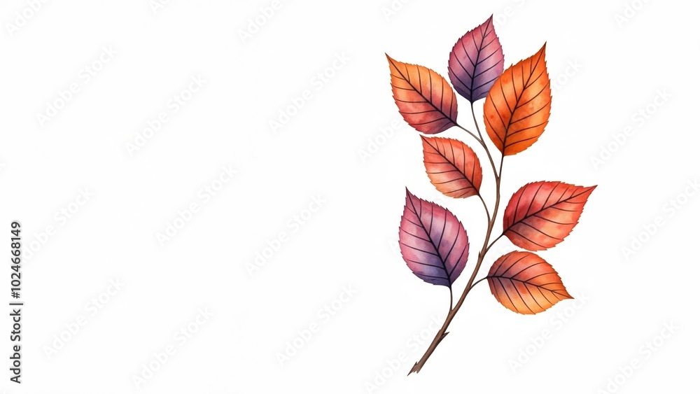 Obraz premium Ein Zweig mit mehreren rot, orange und violett gefärbten Blättern befindet sich rechts auf einem weißen Hintergrund, Platz für Text, Generative KI