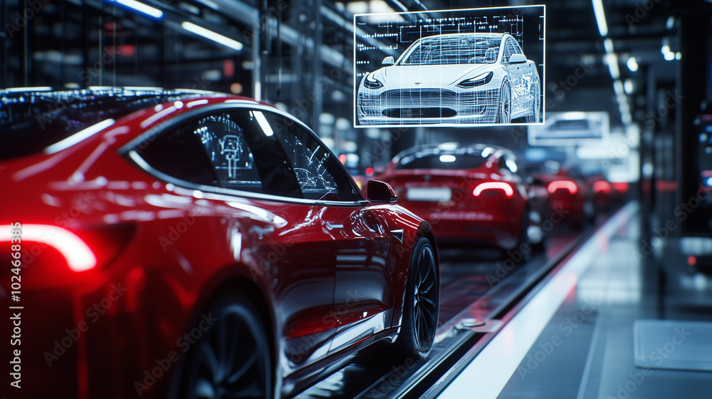 Robotic arms at work assembling electric vehicles on a high-tech production line, while 3D holographic models of cars hover above, displaying live data in a futuristic factory. Robotic arms at work assembling electric vehicles on a high-tech production line, while 3D holographic models of cars hover above, displaying live data in a futuristic factory.