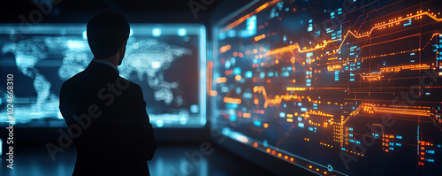 Silhouette of a logistics manager in a futuristic control room, overseeing real-time transportation routing on large digital maps with trucks and cargo routes illuminated