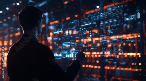 Silhouette of a logistics manager in a massive warehouse, checking cargo and inventory levels with real-time data on holographic screens