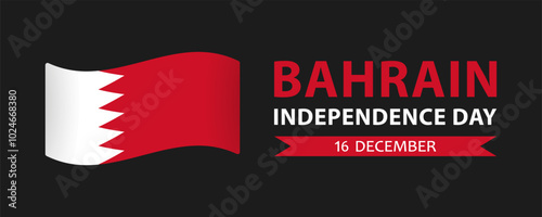 Bahrain Independence Day, simple minimalist web banner design. Text Bahrain Independence Day, 16 december and flag of Bahrain on black background.