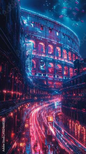 Futuristic Neon Colosseum in Cyberpunk Cityscape