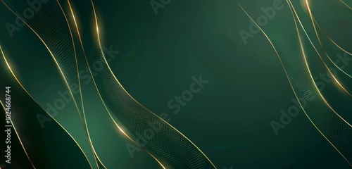 Green background with golden lines, a minimalistic design featuring simple shapes, a dark green gradient, vector graphics, a clean and modern style with elegant curves, lines, light reflections