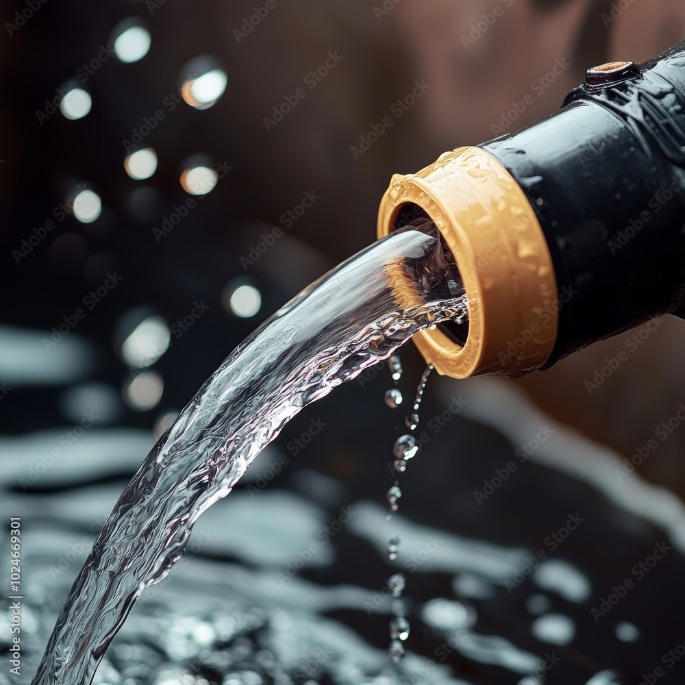 Water Flowing from Garden Hose, Refreshing Stream for Plants and Nature, Close-up View