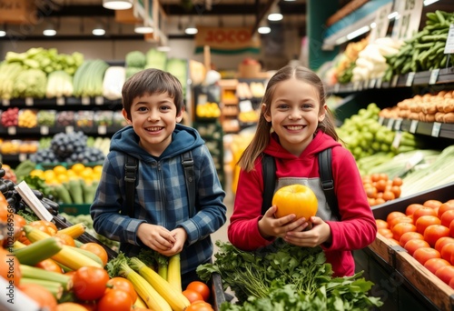 Two siblings grinning as they pick out fresh produce at a greeng