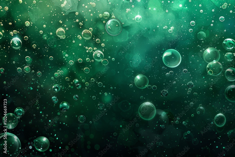 Abstract background with bubbles in a green color on dark water, the bubbles floating up suitable for a design, banner, poster, or presentation. Oil, water drops, water ripples, and a light effect Abstract background with bubbles in a green color on dark water, the bubbles floating up suitable for a design, banner, poster, or presentation. Oil, water drops, water ripples, and a light effect