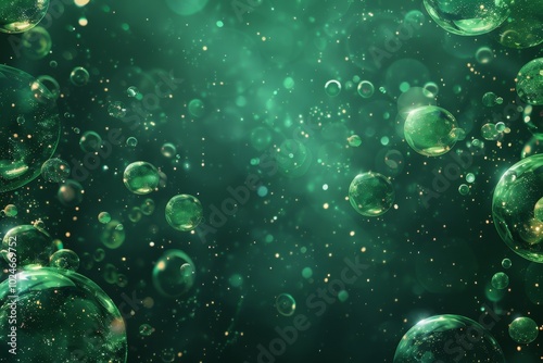 Abstract background with bubbles in a green color on dark water, the bubbles floating up suitable for a design, banner, poster, or presentation. Oil, water drops, water ripples, and a light effect