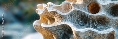 Intricate Stone Sculpture in Garden, showcasing detailed textures and artistry, surrounded by lush greenery, inviting contemplation and admiration photo