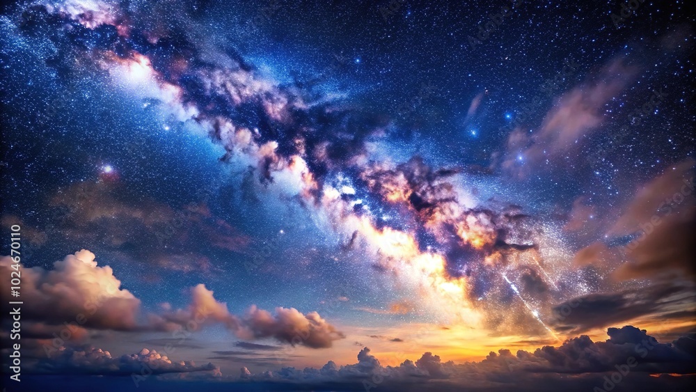 Naklejka premium Starry night sky with clouds and Milky Way in forced perspective