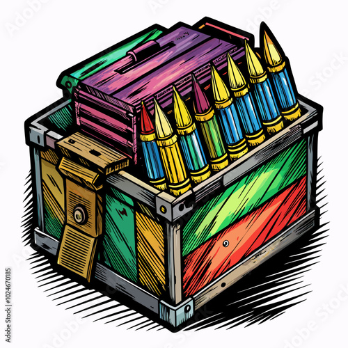 Colorful Vintage Ammo Box with Bullets Retro Military Illustration