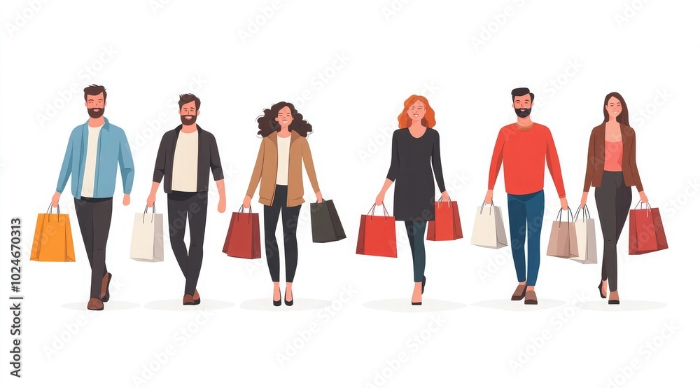 Set of smiling people with shopping bags, men and women walking in the mall, isolated on a white background. Vector illustration in a flat Set of smiling people with shopping bags, men and women walking in the mall, isolated on a white background. Vector illustration in a flat