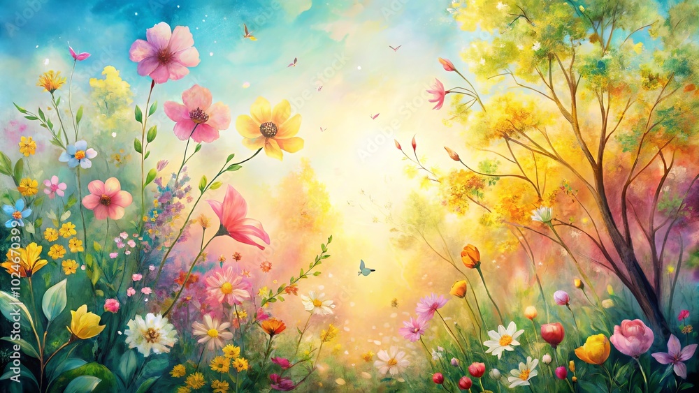A vibrant summer meadow bursting with colorful wildflowers, bathed in the warm glow of a radiant sun, with delicate butterflies dancing in the gentle breeze A vibrant summer meadow bursting with colorful wildflowers, bathed in the warm glow of a radiant sun, with delicate butterflies dancing in the gentle breeze