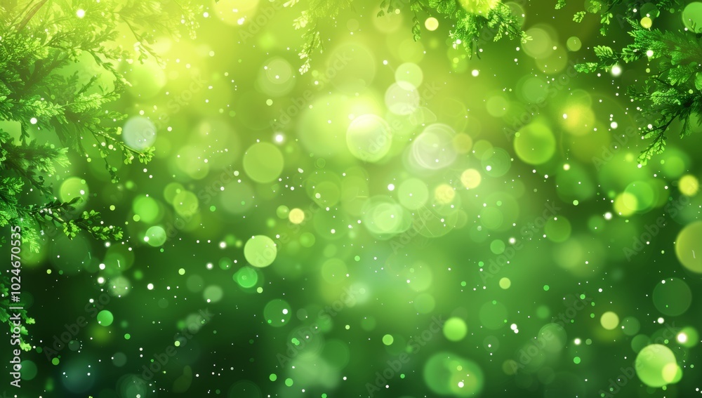 Obraz premium Abstract green bokeh background with particles and dust, green blurred sparkles, sparks, spots and effect and dust