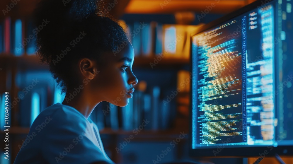 Side profile of a school student studying IT at a computer, learning digital code, AI cybersecurity threats, and ethical hacking education Side profile of a school student studying IT at a computer, learning digital code, AI cybersecurity threats, and ethical hacking education