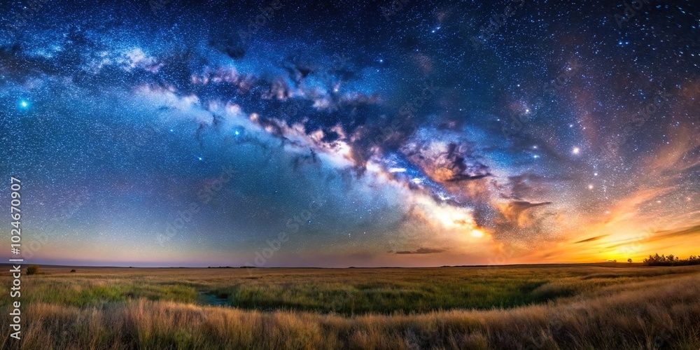 starry sky above prairie at early morning panoramic view starry sky above prairie at early morning panoramic view