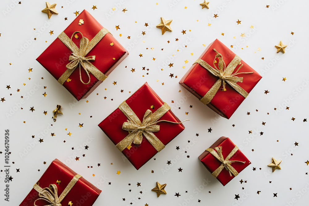 Red gift boxes with shimmering gold ribbons are beautifully arranged on a white background. Golden stars are scattered around the boxes, giving the scene a magical, celebratory feel with sharp