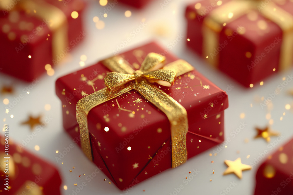 Multiple red gift boxes wrapped in golden ribbons sit on a pristine white surface. Small, shimmering gold stars are sprinkled around the gifts, creating a festive and elegant composition perfect for Multiple red gift boxes wrapped in golden ribbons sit on a pristine white surface. Small, shimmering gold stars are sprinkled around the gifts, creating a festive and elegant composition perfect for