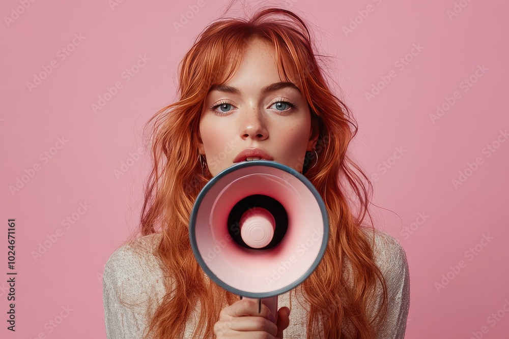Fototapeta premium Woman holding a pink megaphone. Perfect for an advertisement about speaking out or marketing.