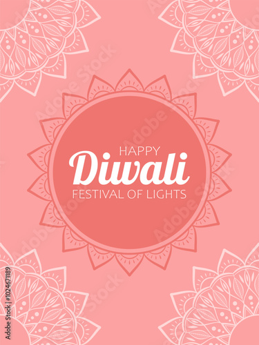 Text Happy Diwali, festival of lights and abstract floral mandala decorations on pastel pink background. Festive design for poster, banner or greeting card for hindu festival Diwali.