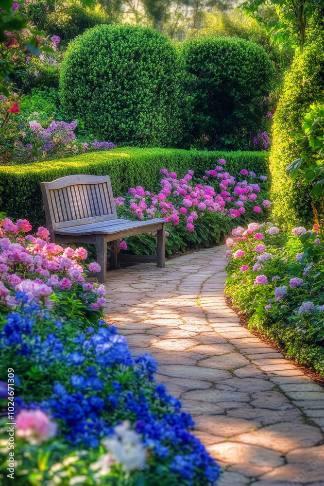 In this idyllic garden retreat, blooming flowers burst with color, creating a stunning contrast against the perfectly manicured hedges. A winding stone pathway meanders through the lush greenery, In this idyllic garden retreat, blooming flowers burst with color, creating a stunning contrast against the perfectly manicured hedges. A winding stone pathway meanders through the lush greenery,