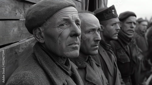 Black and white portrait of a group of men in military uniforms, standing in line with serious expressions.