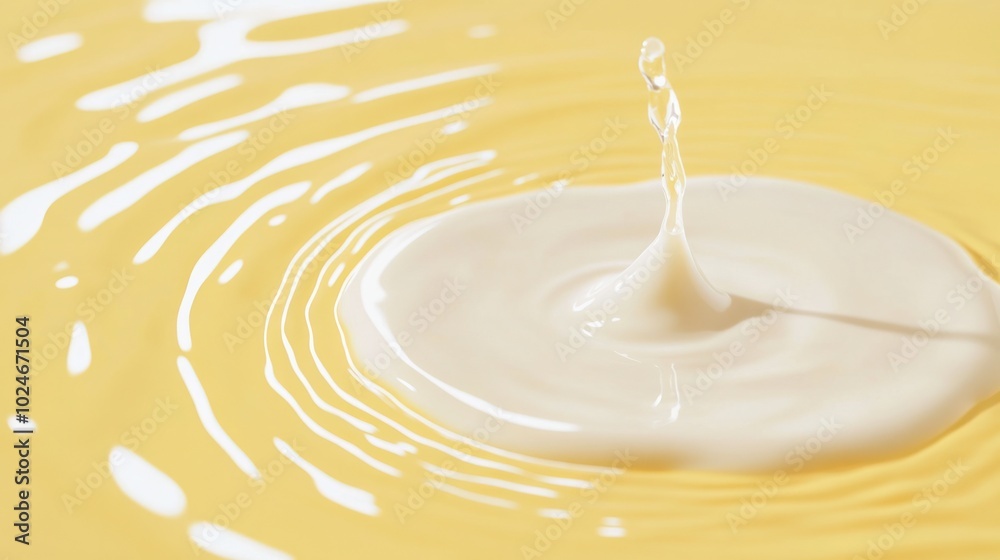 A milk puddle with ripple effects spreading out on a pastel yellow background, soft and clean. A milk puddle with ripple effects spreading out on a pastel yellow background, soft and clean.