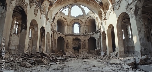 Ruins of an old church with collapsed roof and scattered debris, showcasing extensive damage and decay in a hauntingly beautiful setting.