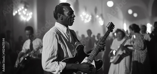 Black and white photo of a guitarist performing at a lively party or event with a background of dancing people and elegant lighting.