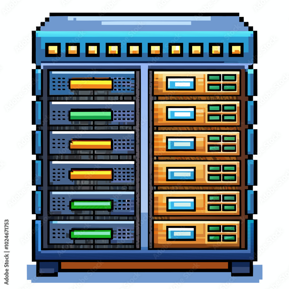 Retro Pixel Art Server Rack Illustration for Tech Themed Designs Retro Pixel Art Server Rack Illustration for Tech Themed Designs