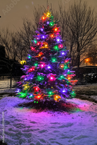 An outdoor Christmas tree adorned with colorful lights stands illuminated against the night sky. The snow-covered ground reflects the soft glow of the lights, creating a serene and festive winter photo