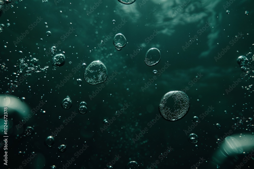 Fototapeta premium Abstract background with bubbles in a green color on dark water, the bubbles floating up suitable for a design, banner, poster, or presentation. Oil, water drops, water ripples, and a light effect