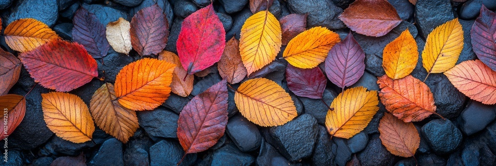 Vibrant Autumn Leaves on Ground, a close-up view highlighting rich textures and diverse colors of fallen foliage in a seasonal display