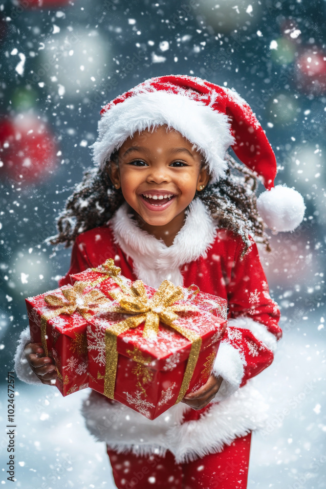A young African American girl dressed as Santa Claus skips merrily while holding a bunch of brightly wrapped Christmas gifts. The snowflakes flutter down, creating a winter wonderland backdrop that A young African American girl dressed as Santa Claus skips merrily while holding a bunch of brightly wrapped Christmas gifts. The snowflakes flutter down, creating a winter wonderland backdrop that