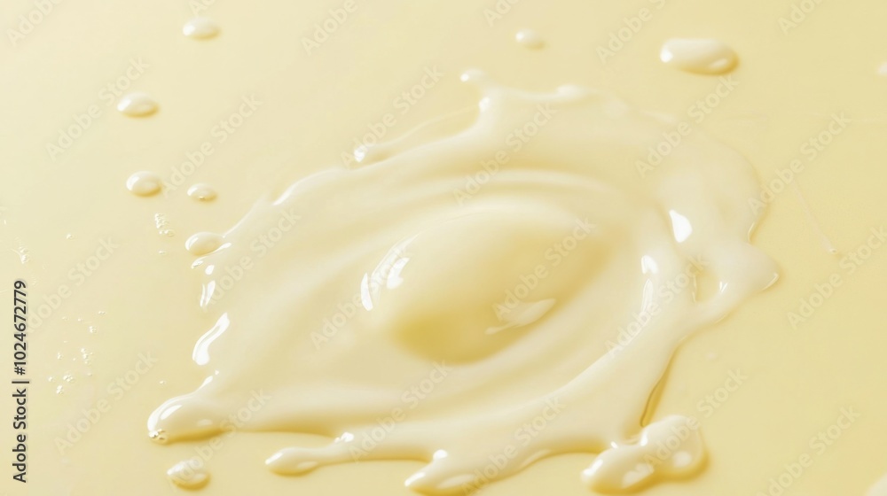 A small milk puddle on a pastel yellow background, with delicate ripple effects and soft lighting. A small milk puddle on a pastel yellow background, with delicate ripple effects and soft lighting.