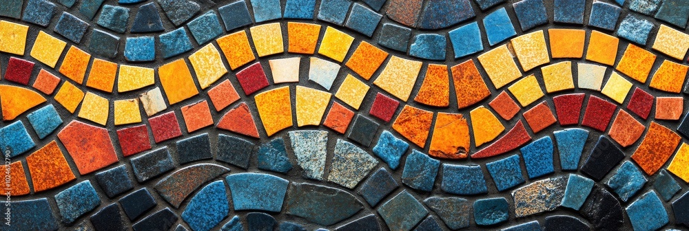 Vibrant Mosaic Tiles in Decorative Pattern, Detailed Close-Up of Colorful Surface Design, Top View Perspective, Artistic Arrangement