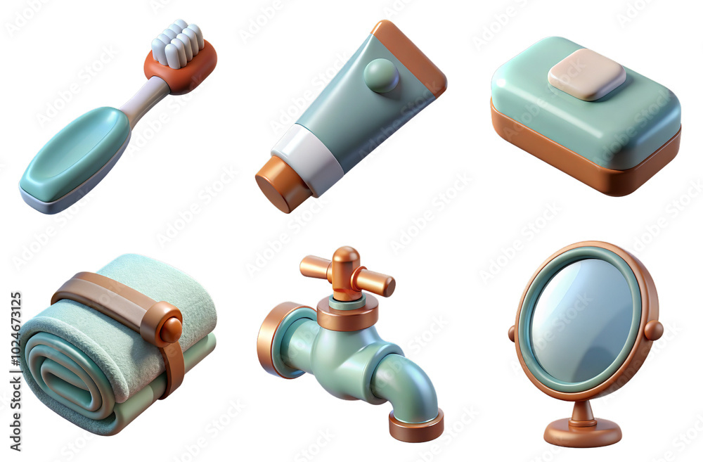 3d render set of Bathroom Essentials isolated on transparent background Cartoon Illustration in plastic style 3d render set of Bathroom Essentials isolated on transparent background Cartoon Illustration in plastic style