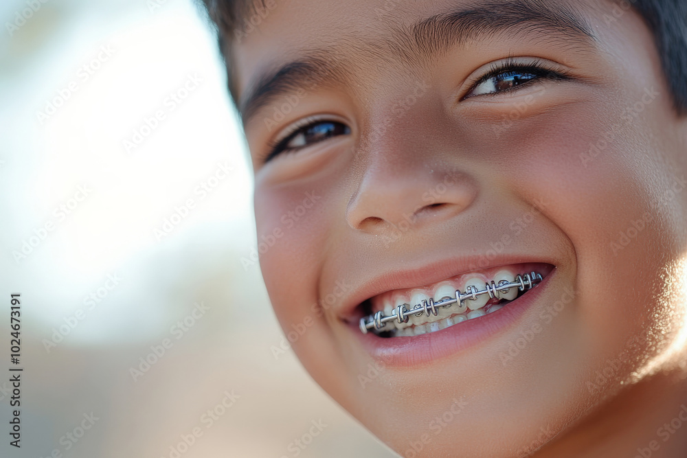 A vibrant close-up of a young Hispanic boy's smile reveals his orthodontic braces. His playful grin and sparkling eyes convey his excitement and pride in achieving a straighter smile, making him feel A vibrant close-up of a young Hispanic boy's smile reveals his orthodontic braces. His playful grin and sparkling eyes convey his excitement and pride in achieving a straighter smile, making him feel