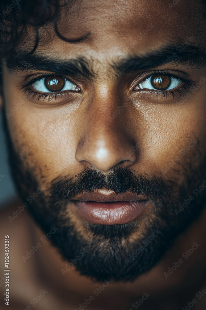Obraz premium A surprised man with rich brown eyes, framed by a stylish beard, stares intently at the camera. The close-up captures the details of his expression and the softness of his skin, creating an inviting