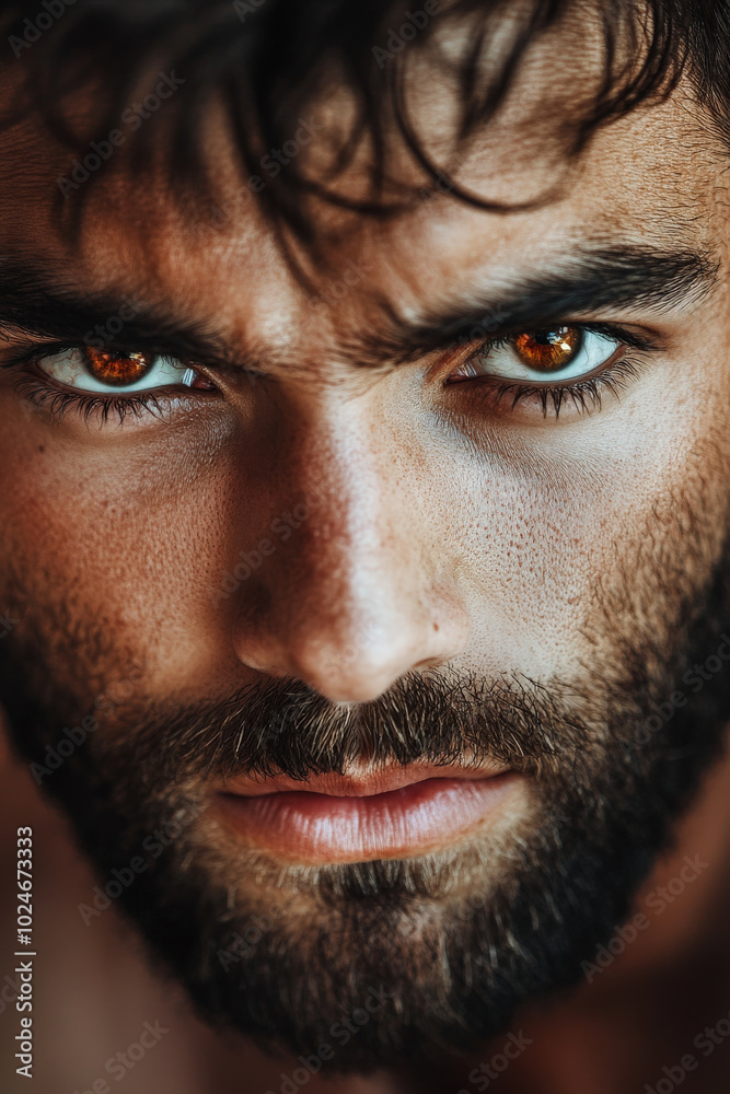 Fototapeta premium A surprised man with rich brown eyes, framed by a stylish beard, stares intently at the camera. The close-up captures the details of his expression and the softness of his skin, creating an inviting